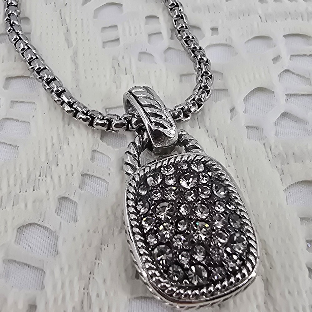 Silver Tone Pave Crystal Cushion Pendant Necklace Twisted Cable Box Chain